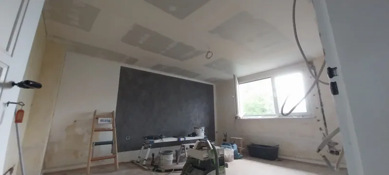 Wohnraum im Ausbau mit teilweise beplankter Decke, dunkler Wand und Leiter