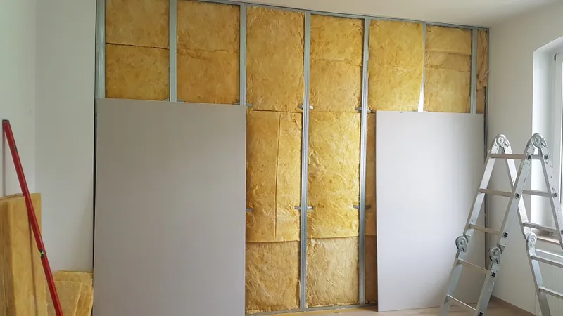 Trockenbauwand mit Metallständern, gelber Dämmwolle und teilweise montierten Gipskartonplatten