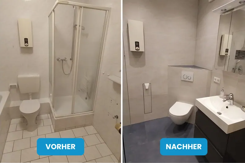 Vorher und nachher: kleines Bad mit weißen Fliesen und Duschkabine, danach graue Bodenfliesen und Wand-WC