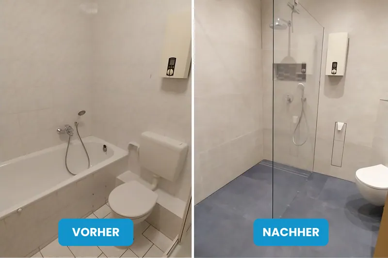Vorher und nachher: Bad mit Badewanne und Altfliesen, danach bodengleiche Glasdusche und dunkler Boden