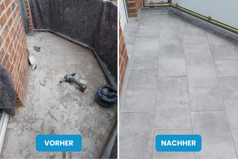 Vorher und nachher: Balkon mit rohem Betonboden, danach mit grauen großformatigen Fliesen belegt