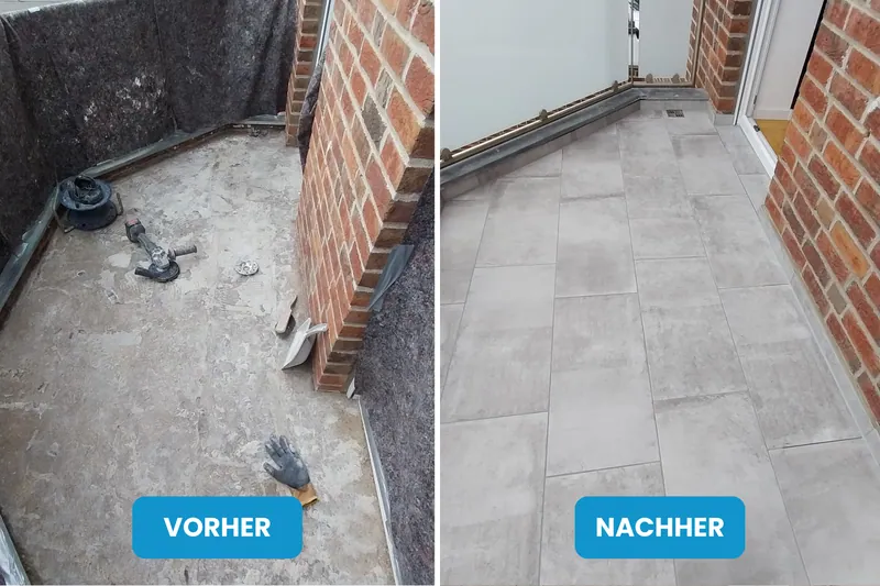 Vorher und nachher: Balkon mit rohem Estrich, danach mit grauen Fliesen im Verband verlegt