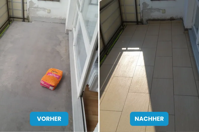 Vorher und nachher: Balkon mit grauem Untergrund, danach mit beigen Langformatfliesen belegt