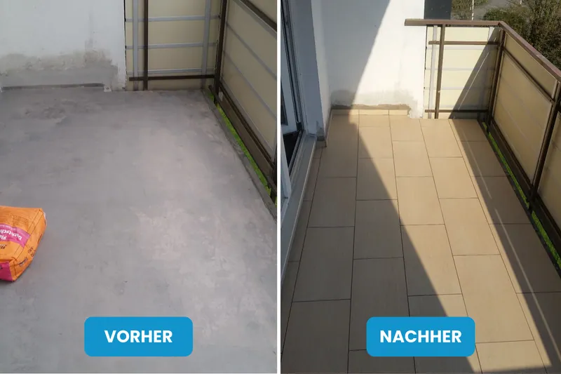 Vorher und nachher: leerer Balkon mit Estrichboden, danach mit beigen Fliesen belegt und Sonnenlicht