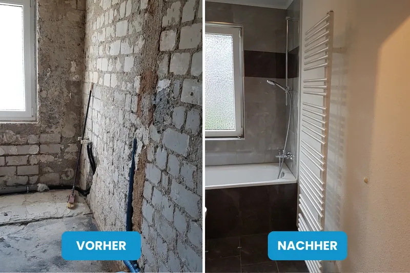 Vorher und nachher: Bad mit freigelegtem Mauerwerk, danach Bad mit Badewanne und Handtuchheizkörper