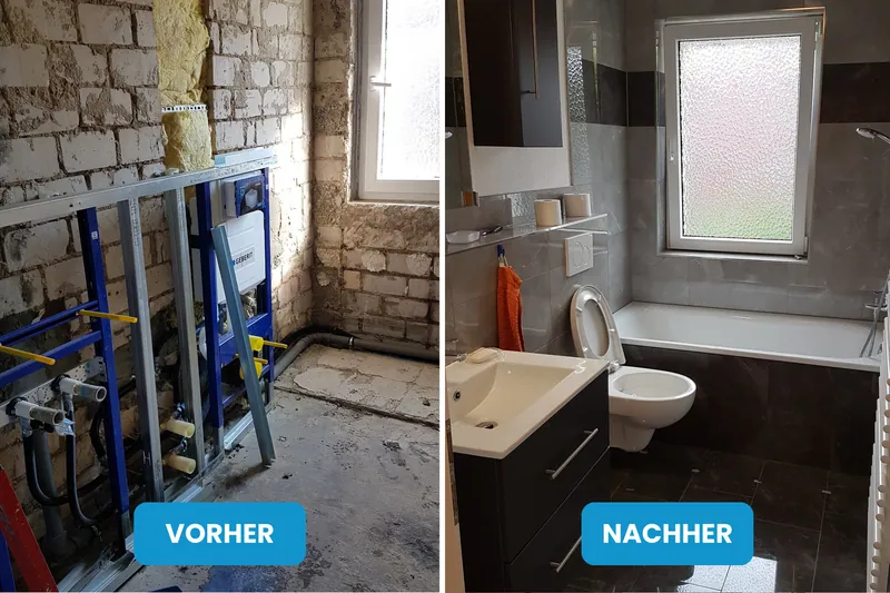 Vorher und nachher: entkerntes Bad mit Vorwandinstallation, danach Bad mit grauen Fliesen und Badewanne