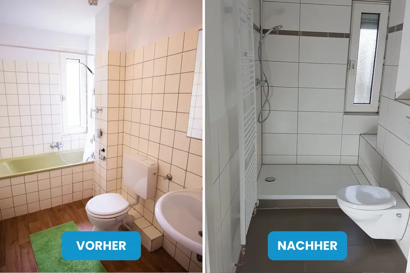 Vorher und nachher: Bad mit cremefarbenen Fliesen und Wanne, danach weiße Fliesen mit bodengleicher Dusche