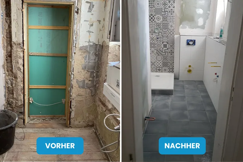 Vorher und nachher: Bad im Rohzustand, danach mit Duschwanne, grauem Boden und Musterfliesen