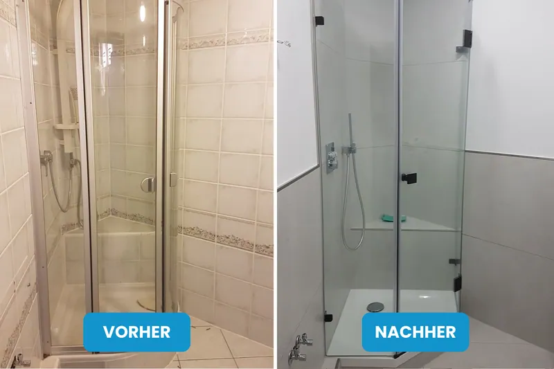 Vorher und nachher: Dusche mit beigen Fliesen, danach Glasdusche mit weißen und grauen Wandfliesen
