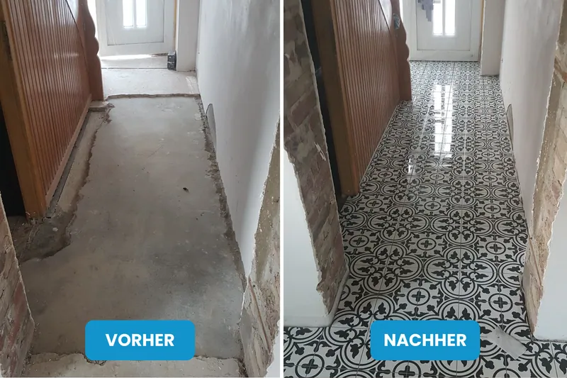 Vorher und nachher: Flur mit rohem Boden, danach mit schwarz-weißen Zementfliesen
