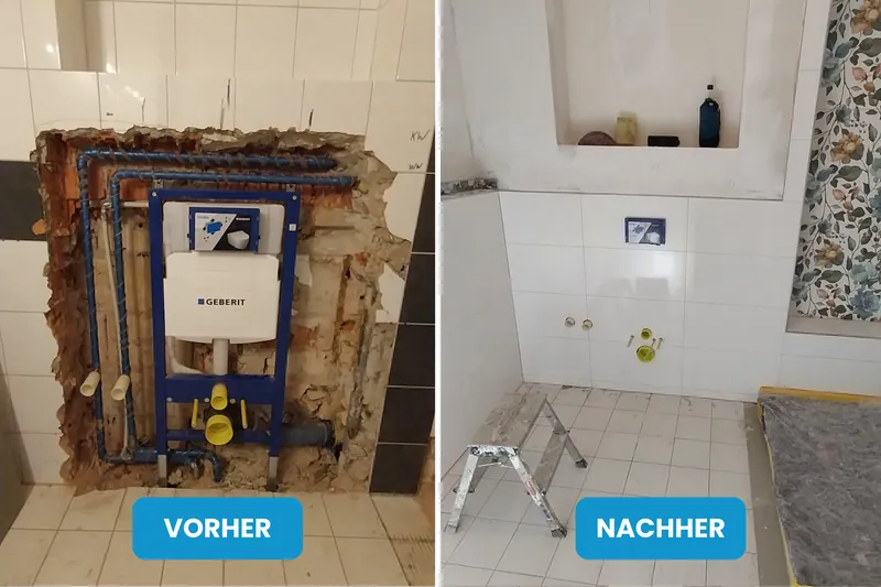 Vorher und nachher: Wand mit freigelegter WC-Vorwandinstallation, danach weiß gefliest mit Musterfliesen