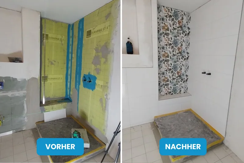Vorher und nachher: abgedichtete Duschecke im Rohbau, danach weiß gefliest mit Duschwanne und Musterfliesen