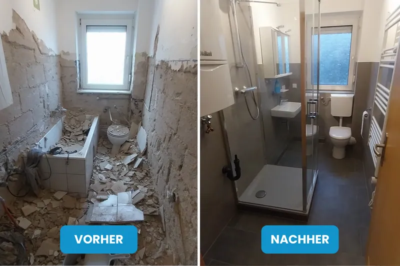 Vorher und nachher: Bad im Abbruch mit Schutt, danach Bad mit Glasdusche und grauem Boden