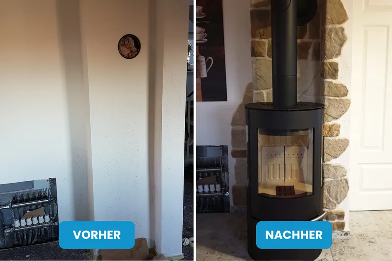 Vorher und nachher: leere Wand mit Heizkörper, danach Kaminofen mit Natursteinverkleidung