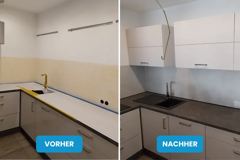 Vorher und nachher: Küchenzeile mit Altfliesenspiegel, danach neue Küche mit hellen Oberschränken