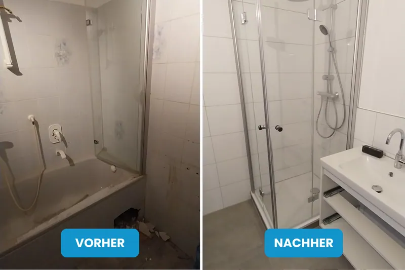 Vorher und nachher: Badewanne mit Wandarmatur, danach Glasdusche und weißer Waschtisch