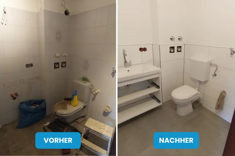 Vorher und nachher: WC im Rohbau mit Installationen, danach weiße Wand mit Waschtisch und WC