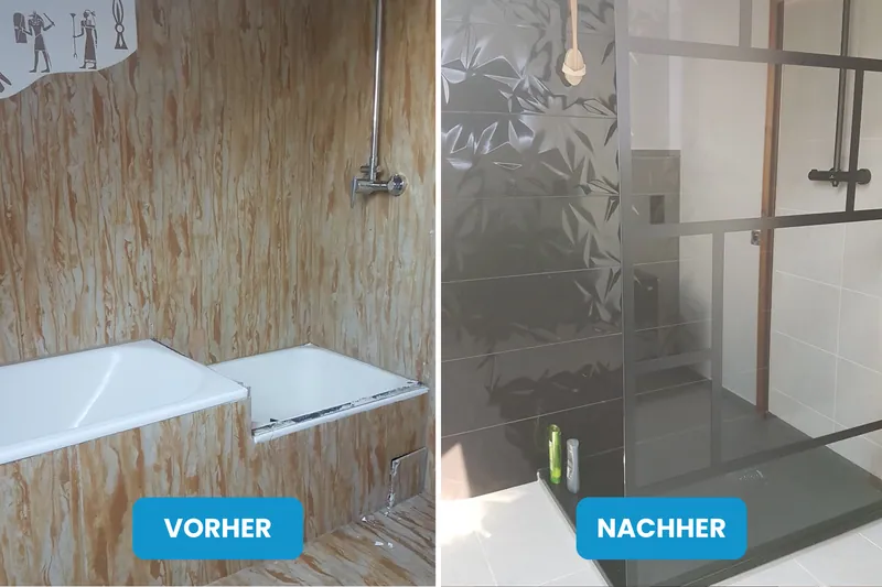 Vorher und nachher: Badewanne mit holzoptischer Wandverkleidung, danach Dusche mit grauen Reliefwandfliesen