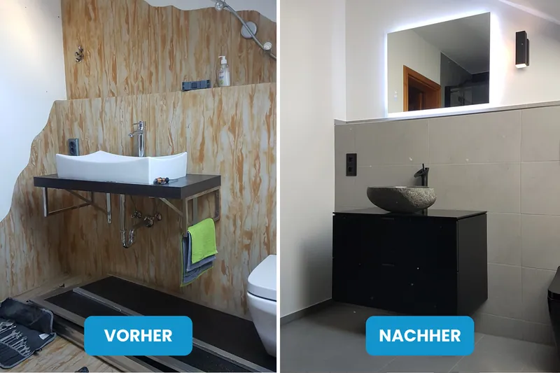 Vorher und nachher: Bad mit Holzoptik-Wand und Aufsatzbecken, danach schwarzer Waschtisch und beige Wandfliesen