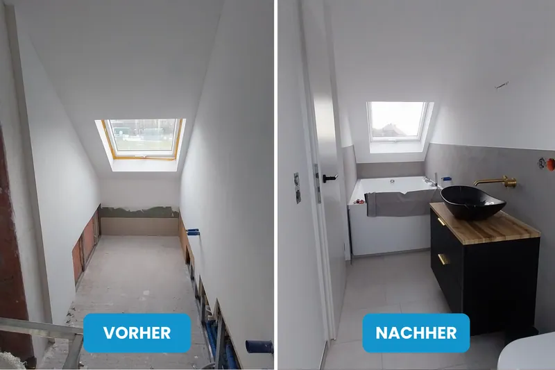 Vorher und nachher: leeres Dachgeschossbad im Rohbau, danach Bad mit Badewanne, schwarzem Waschtisch und Holzplatte