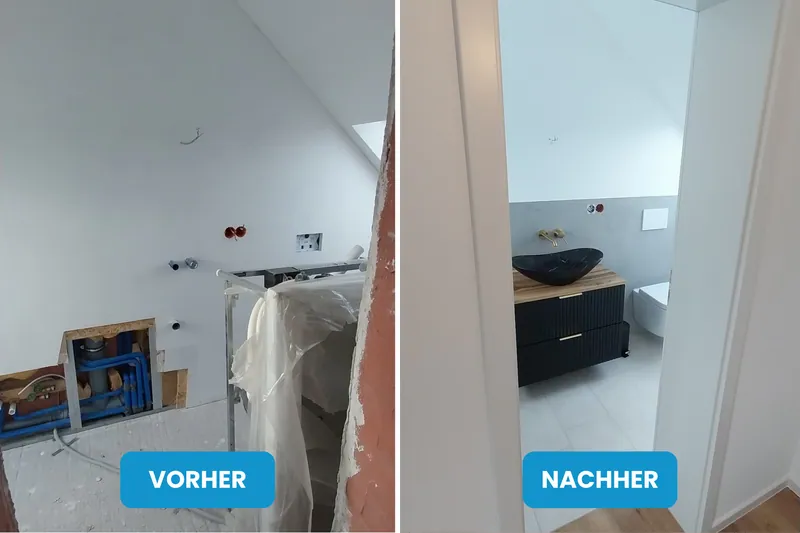 Vorher und nachher: Dachgeschossbad im Rohbau mit Installationen, danach mit Aufsatzbecken auf schwarzem Waschtisch