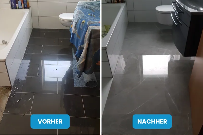 Vorher und nachher: Bad mit dunklen Bodenfliesen, danach mit glänzend grauen Bodenfliesen
