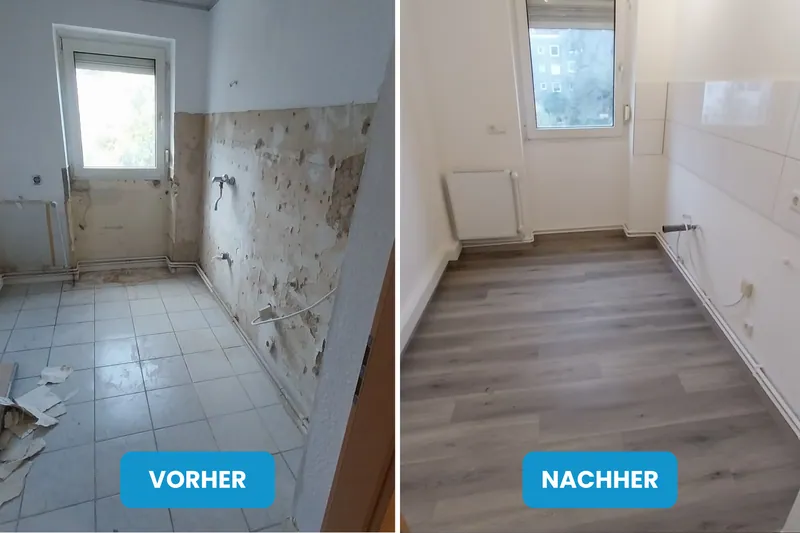 Vorher und nachher: Bad mit alten Bodenfliesen und halb abgeschlagener Wand, danach Boden in Holzoptik