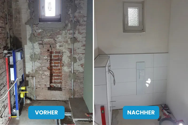 Vorher und nachher: Bad mit gemauertem Rohbau und Vorwandinstallation, danach weiß gefliest