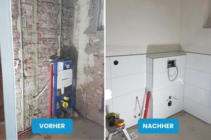 Vorher und nachher: Rohbau mit Vorwandinstallation, danach weiß gefliester Wandbereich