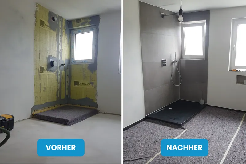 Vorher und nachher: abgedichtete Dusche im Rohbau, danach große graue Fliesen mit Duschwanne
