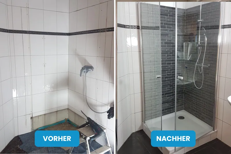 Vorher und nachher: Bad mit weißen Altfliesen, danach neue Eckdusche mit grauem Mosaik