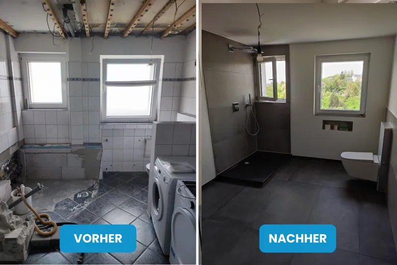 Vorher und nachher: Bad im Abbruch mit freiliegender Decke, danach Bad mit dunklem Boden und grauen Wandfliesen